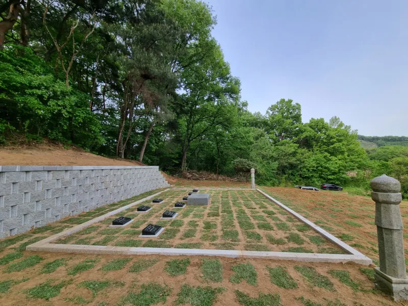 화강암 경계석을 두른 가족 평장묘역 전경